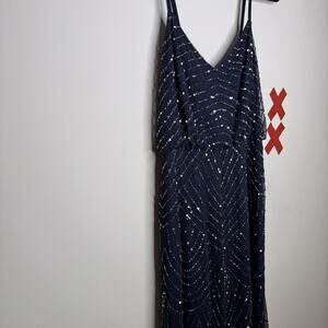 ADRIANNA PAPELL Navy Beaded Gown Embellished Slip Dress Fairy Whimsygoth Mesh 8